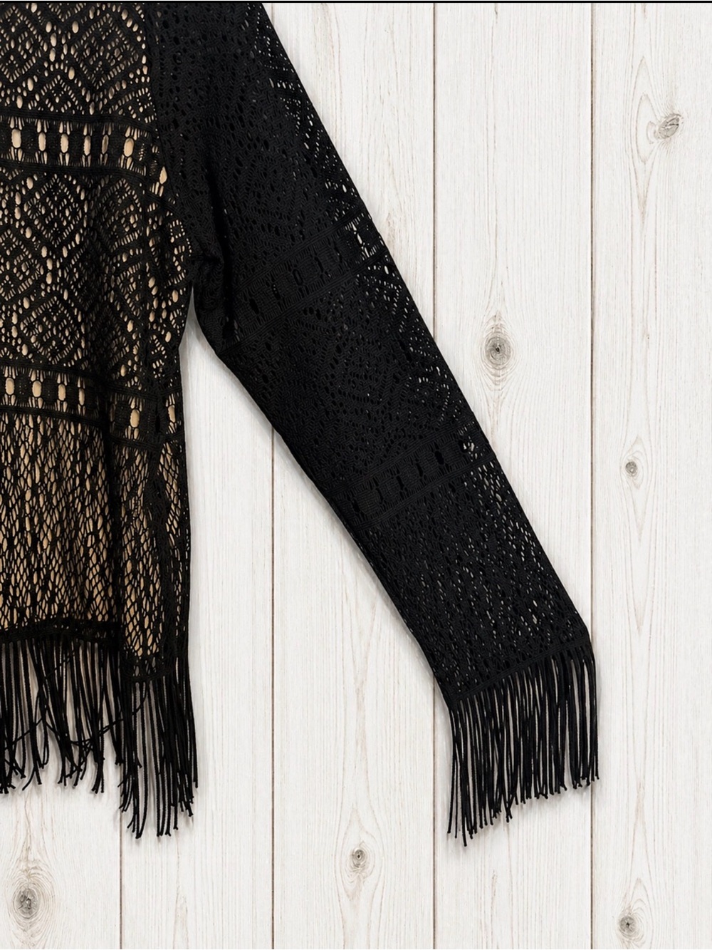 Mix It Black Lace Fringe Boho Blouse Long Sleeve Sheer Overlay Lined Top Size L - Picture 7 of 11